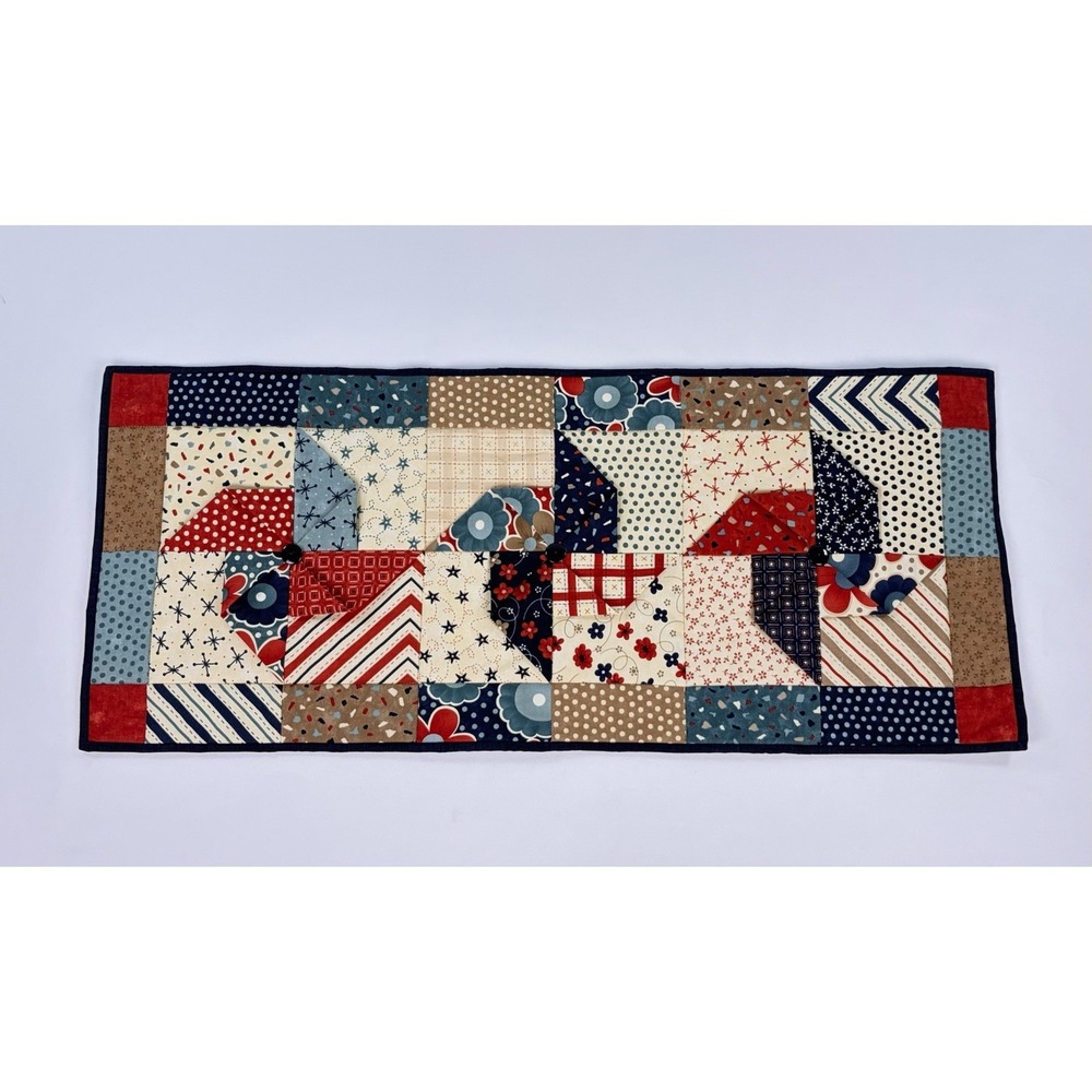 Vintage Handmade Quilted Wall Hanging Patriotic Red White Blue Pinwheel 13x31"